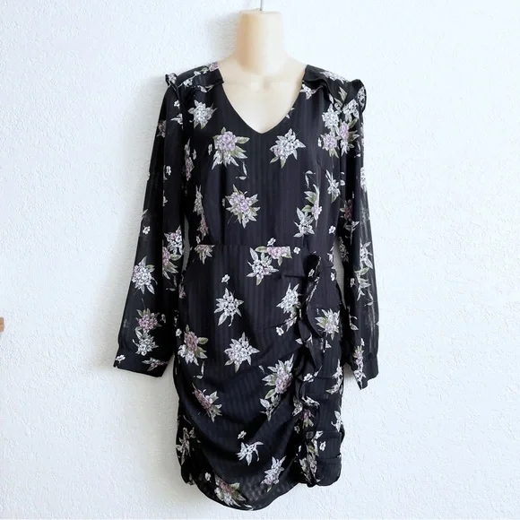 Heartloom Dresses | Heartloom Anthea Black Floral Print Ruched Long Sleeve Mini Dress Small Sheer | Color: Black/White | Size: S | Lolacollective's